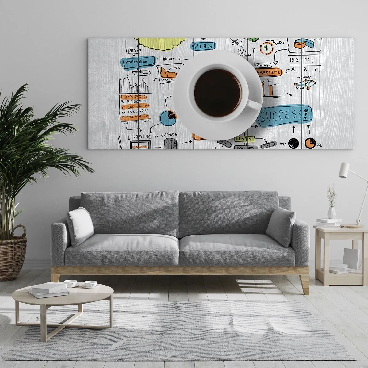 Obraz na szkle - Filiżanka kawy na tle rysunkowego planu koncepcyjnego - 160x50cm - Czas na przerwę - Nowoczesna dekoracja ścienna do salonu i sypialni ARTTOR