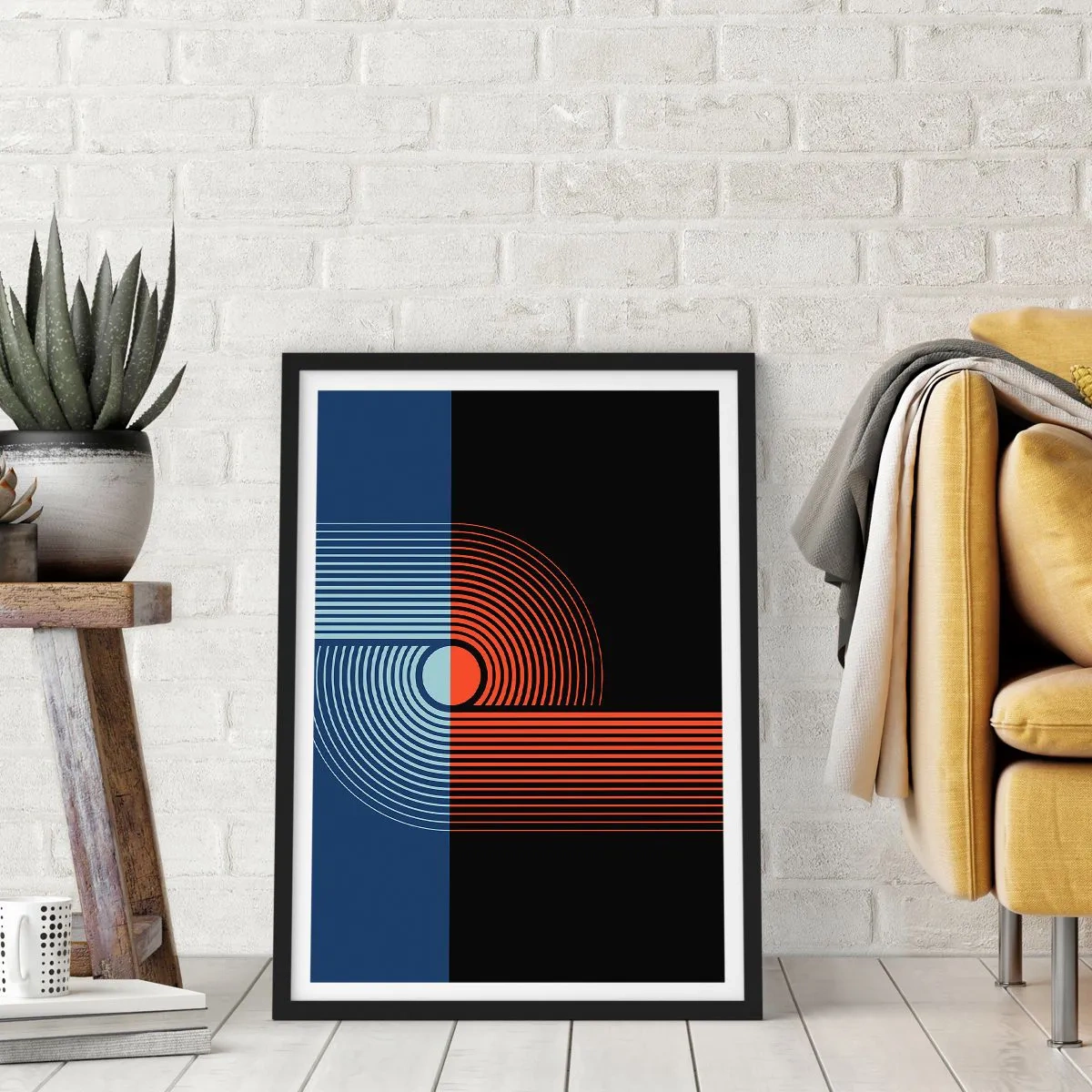 Plakat w czarnej ramie - Geometryczna kompozycja z liniami w kolorach granatu i pomarańczu - 50x70cm - W geometrycznym uścisku - Nowoczesna dekoracja ścienna do salonu i sypialni ARTTOR