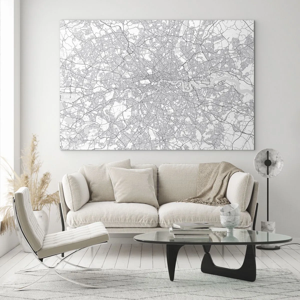 Obraz na szkle - Czarno-biała mapa z gęstą siatką ulic w stylu minimalistycznym - 70x50cm - Mapa londyńskiego labiryntu - Nowoczesna dekoracja ścienna do salonu i sypialni ARTTOR