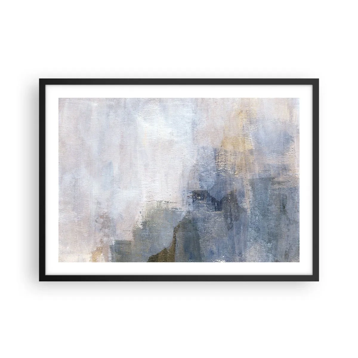 Plakat w czarnej ramie - Subtelne abstrakcyjne plamy w odcieniach błękitu i beżu - 70x50cm - Tony i akordy barw - Nowoczesna dekoracja ścienna do salonu i sypialni ARTTOR