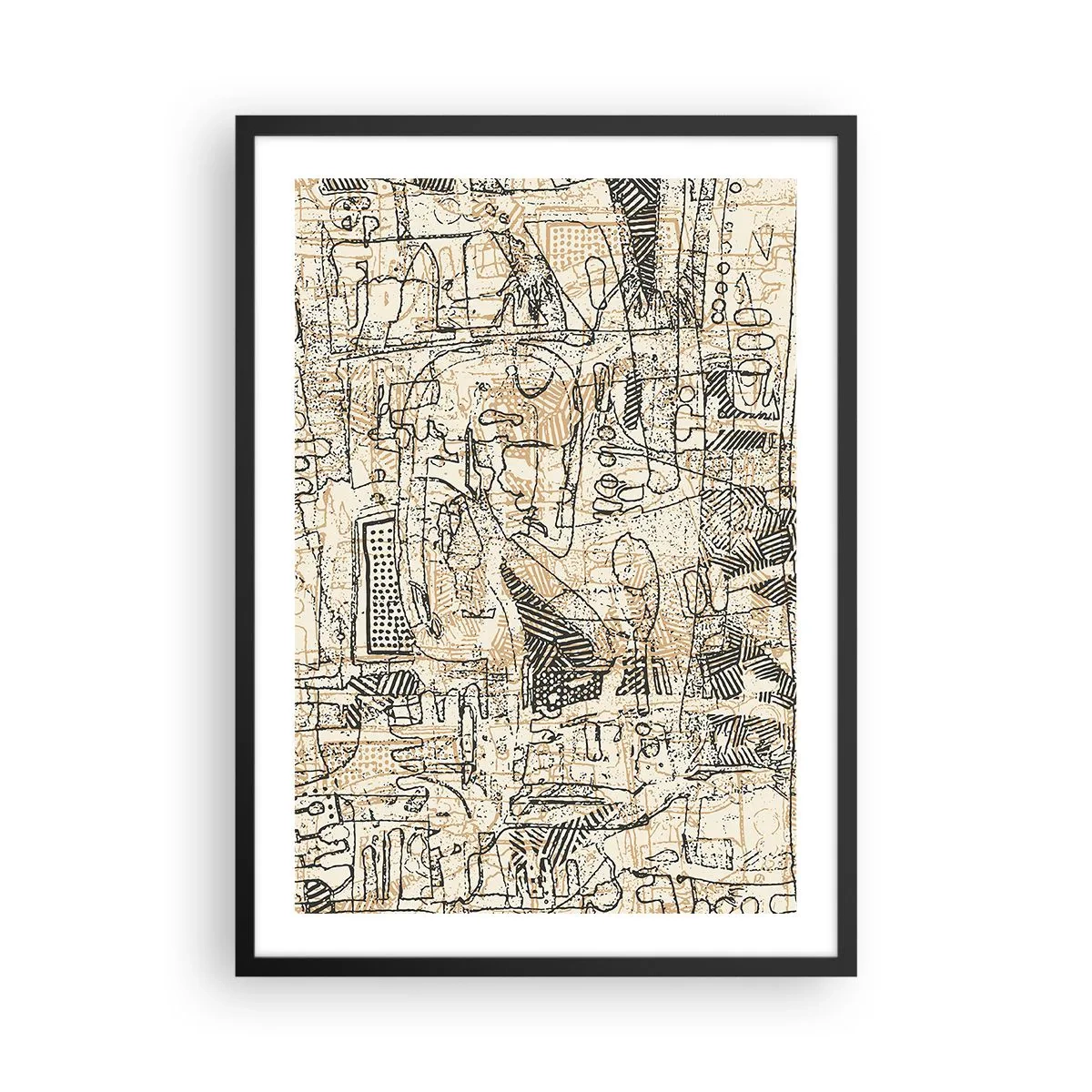 Plakat w czarnej ramie - Abstrakcyjny wzór geometryczny w odcieniach beżu i czerni - 50x70cm - Czeka na rozszyfrowanie - Nowoczesna dekoracja ścienna do salonu i sypialni ARTTOR