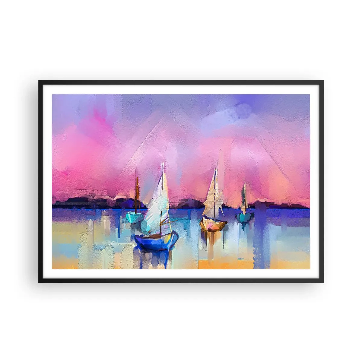 Plakat w czarnej ramie - Żaglówki na spokojnym morzu w pastelowych kolorach zachodu - 100x70cm - Kierunek: szerokie wody - Nowoczesna dekoracja ścienna do salonu i sypialni ARTTOR