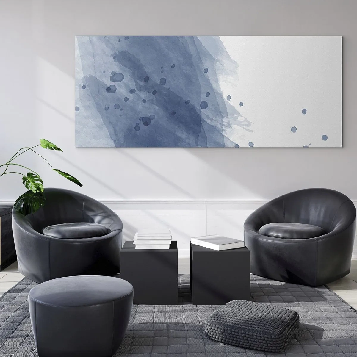 Obraz na szkle - Abstrakcyjne plamy i smugi w odcieniach niebieskiego - 120x50cm - Niebieski tiul - Nowoczesna dekoracja ścienna do salonu i sypialni ARTTOR