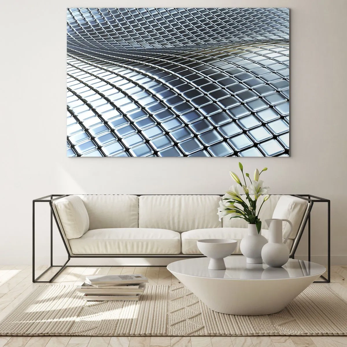 Obraz na szkle - Abstrakcyjna powierzchnia z lśniącymi metalowymi kwadratami - 70x50cm - Metaliczna srebrna fala - Nowoczesna dekoracja ścienna do salonu i sypialni ARTTOR