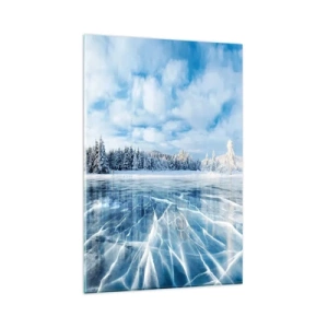 Obraz na szkle - Zamarznięte jezioro otoczone zaśnieżonym lasem - 80x120cm - Olśniewający i krystaliczny widok - Nowoczesna dekoracja ścienna do salonu i sypialni ARTTOR