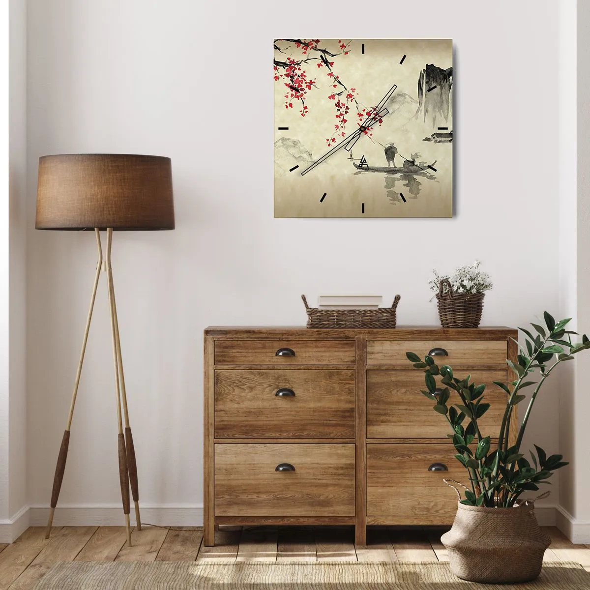 Zegar ścienny - Orientalna ilustracja z łodzią i kwitnącą gałęzią - 30x30cm - W kraju kwitnącej wiśni - Nowoczesna dekoracja ścienna do salonu i sypialni ARTTOR