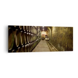 Obraz na płótnie - Piwnica z drewnianymi beczkami na wino ułożonymi w rzędach - 140x50cm - Dobrze jest poleżeć sobie - Nowoczesna dekoracja ścienna do salonu i sypialni ARTTOR