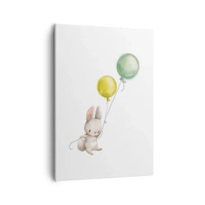 Obraz na płótnie - Uroczy królik trzymający dwa balony, zielony i żółty, na białym tle - 50x70cm - Też polecę! - Nowoczesna dekoracja ścienna do salonu, kuchni i sypialni ARTTOR