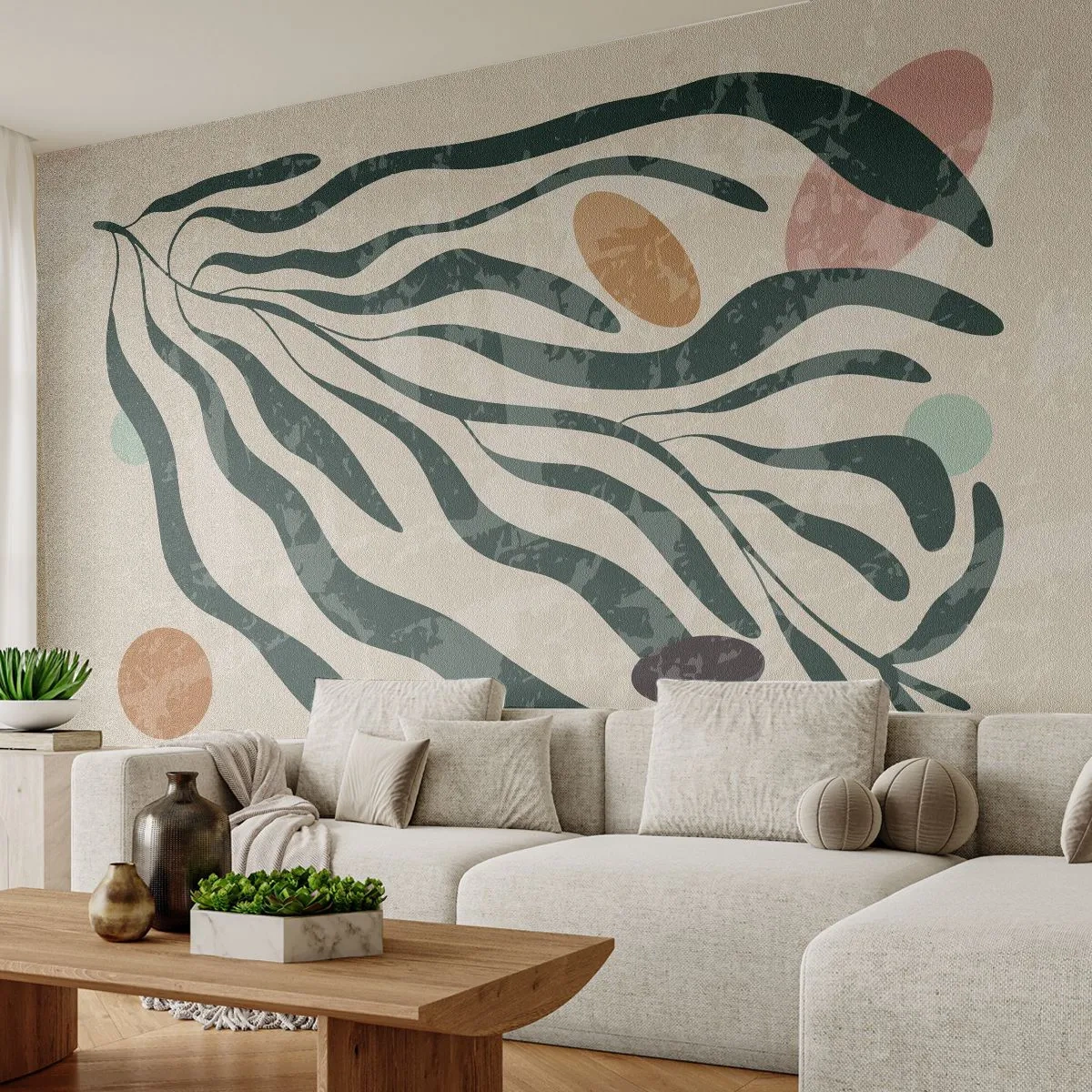 Fototapeta Premium Sand - Organiczne zielone formy z kolorowymi akcentami - 100x70cm - Pośród zieleni - Nowoczesna dekoracja ścienna do salonu, kuchni i sypialni ARTTOR