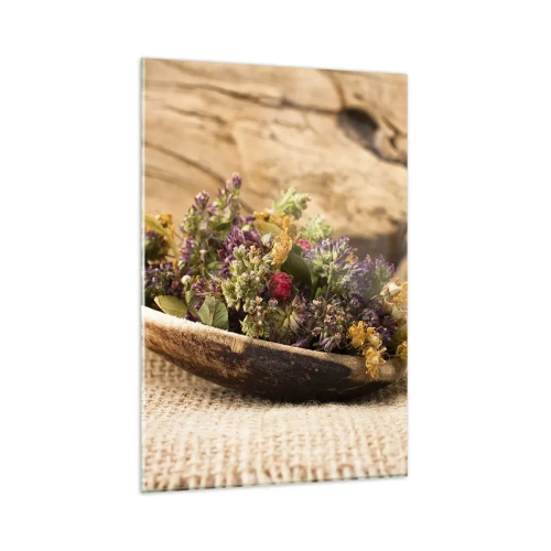 Obraz na szkle - Suszone zioła w drewnianej łyżce na tle naturalnego drewna - 80x120cm - Kwiecie barwiste i zioła pachnące - Nowoczesna dekoracja ścienna do salonu i sypialni ARTTOR