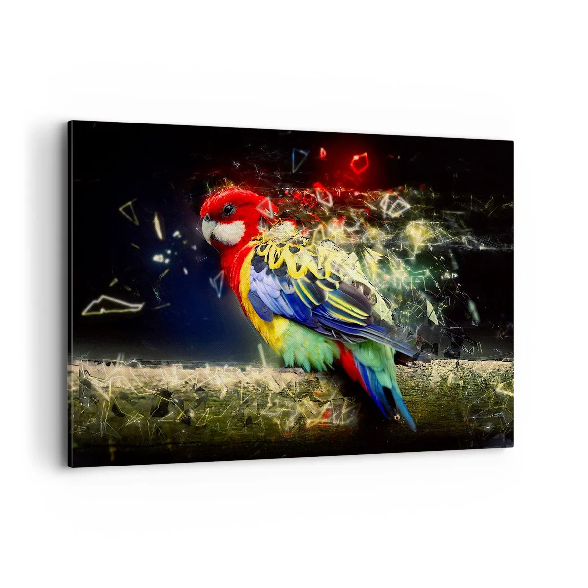 Obraz na płótnie - Papuga w żywych kolorach na tle efektów świetlnych - 120x80cm - Posłaniec blasku - Nowoczesna dekoracja ścienna do salonu, kuchni i sypialni ARTTOR