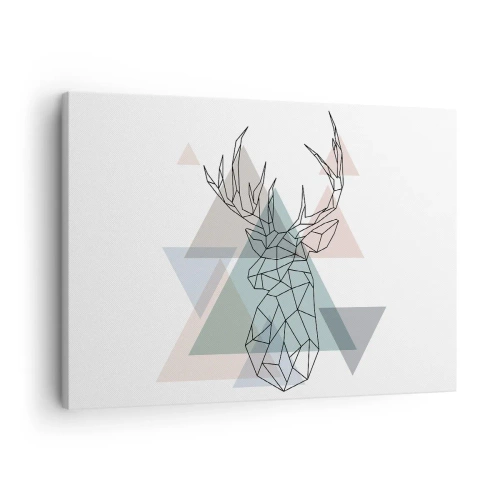 Obraz na płótnie - Geometryczny jeleń na tle pastelowych trójkątów - 70x50cm - W geometrycznym lesie - Nowoczesna dekoracja ścienna do salonu i sypialni ARTTOR