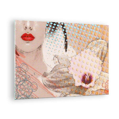 Obraz na szkle - Ilustracja przedstawiająca portret kobiety z kwiatem w tle w stylu pop-art - 70x50cm - Komiksowa heroina - Nowoczesna dekoracja ścienna do salonu i sypialni ARTTOR