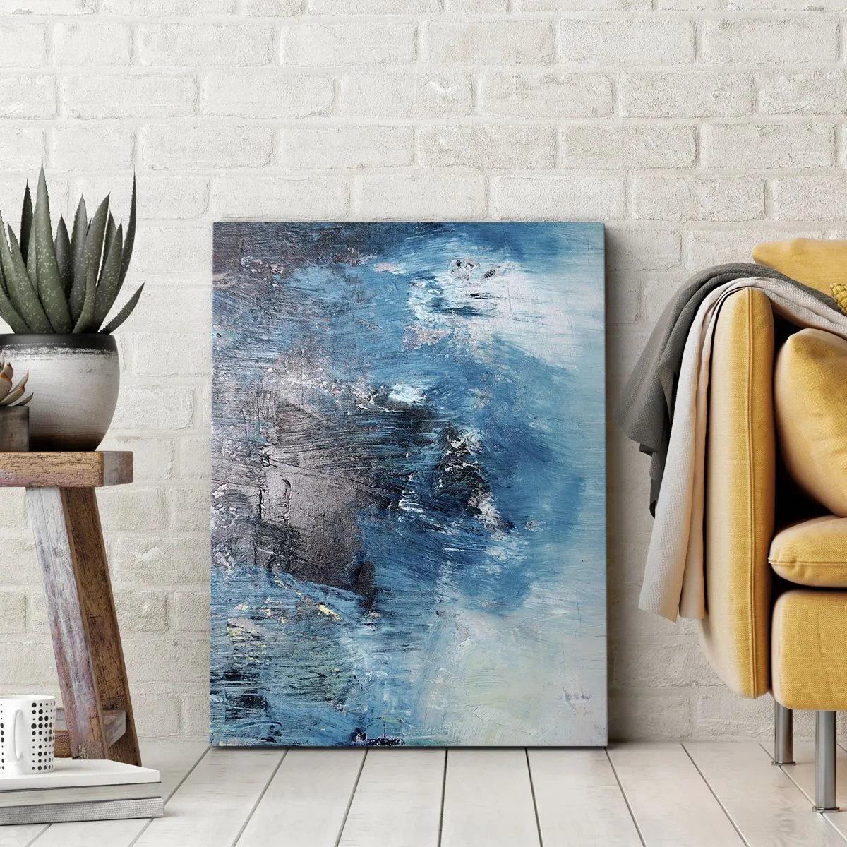 Obraz na płótnie - Abstrakcyjne pociągnięcia pędzla w odcieniach niebieskiego - 70x100cm - Błękitna rapsodia - Nowoczesna dekoracja ścienna do salonu i sypialni ARTTOR
