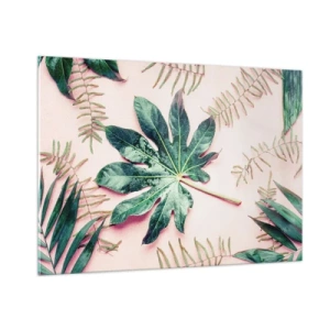 Obraz na szkle - Tropikalne liście na pastelowym tle - 100x70cm - Studium zieleni na różowym tle - Nowoczesna dekoracja ścienna do salonu, kuchni i sypialni ARTTOR