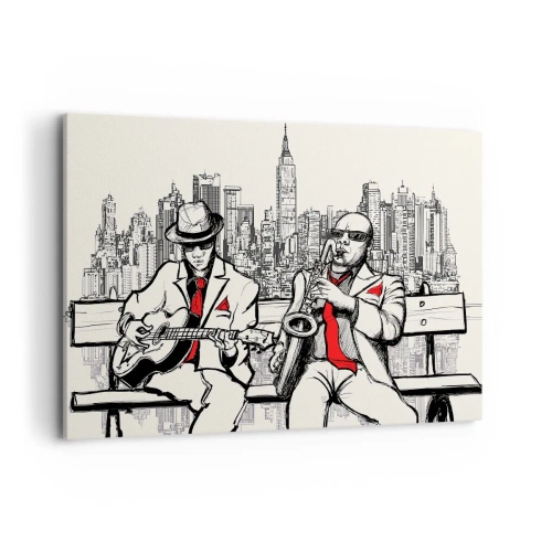 Obraz na płótnie - Jazzowy duet z saksofonem i gitarą na tle miasta - 120x80cm - Nowojorska improwizacja - Nowoczesna dekoracja ścienna do salonu, kuchni i sypialni ARTTOR