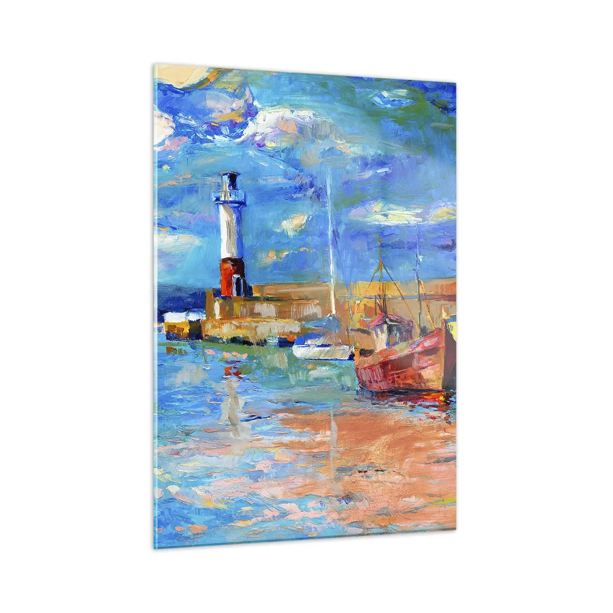 Obraz na szkle - Tęczowa zatoka z latarnią morską i kolorowymi łodziami w porcie - 50x70cm - Popołudnie w tęczowej zatoce - Nowoczesna dekoracja ścienna do salonu, kuchni i sypialni ARTTOR
