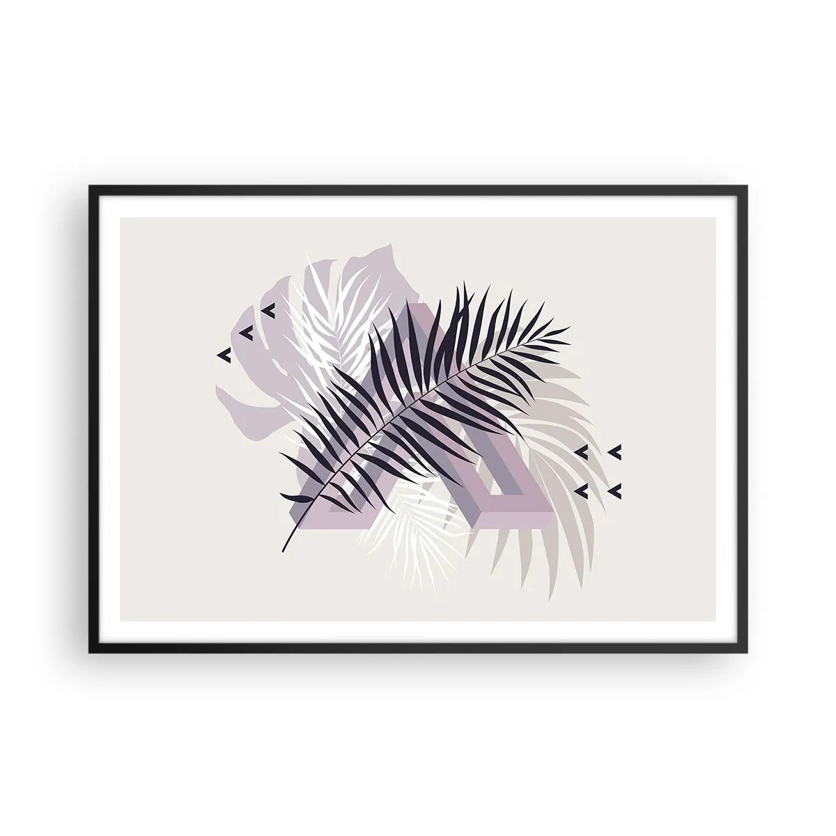 Plakat w czarnej ramie - Minimalistyczna kompozycja z liśćmi i geometrycznymi kształtami - 100x70cm - Cień cienia - Nowoczesna dekoracja ścienna do salonu i sypialni ARTTOR