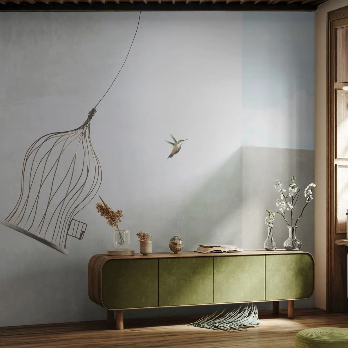 Fototapeta Samoprzylepna Deluxe Sticker - W swoim żywiole - Abstrakcja, Ptak, Klatka Dla Ptaków - 200x140 cm