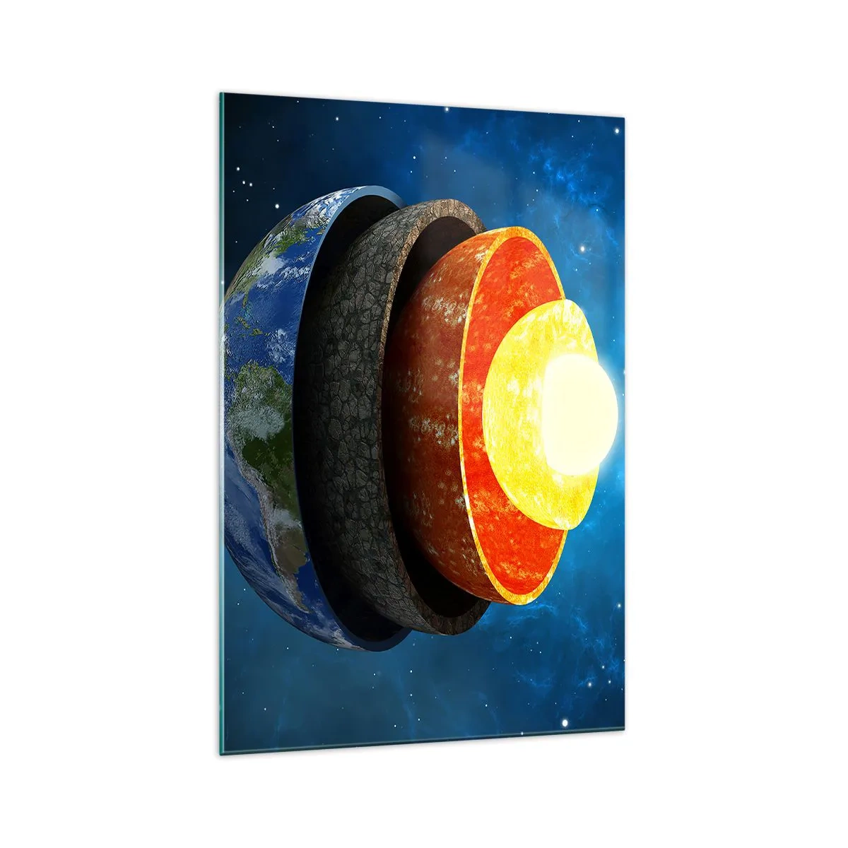 Obraz na szkle - Przekrój Ziemi ukazujący jej warstwy w przestrzeni kosmicznej - 70x100cm - Wyprawa do wnętrz Ziemi - Nowoczesna dekoracja ścienna do salonu i sypialni ARTTOR