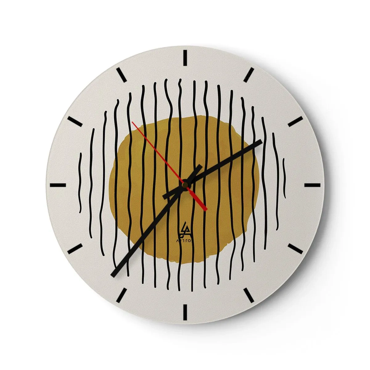 Zegar ścienny - Żółto-pomarańczowe koło otoczone czarnymi falującymi liniami - 30x30cm - Abstrakcja drżąca od żaru - Nowoczesna dekoracja ścienna do salonu, kuchni i sypialni ARTTOR