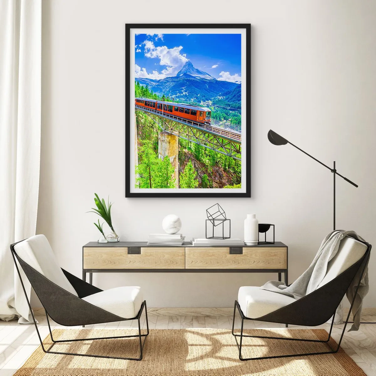Plakat w czarnej ramie - Pociąg na moście w Alpach z widokiem na górę Matterhorn - 50x70cm - Kolej na Alpy - Nowoczesna dekoracja ścienna do salonu i sypialni ARTTOR