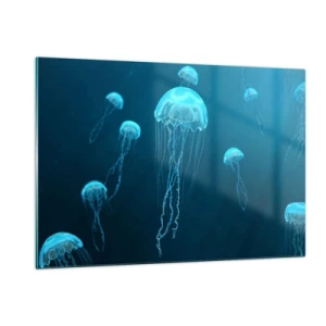 Obraz na szkle - Meduzy unoszące się w błękitnej głębi oceanu - 120x80cm - Oceaniczny taniec - Nowoczesna dekoracja ścienna do salonu, kuchni i sypialni ARTTOR
