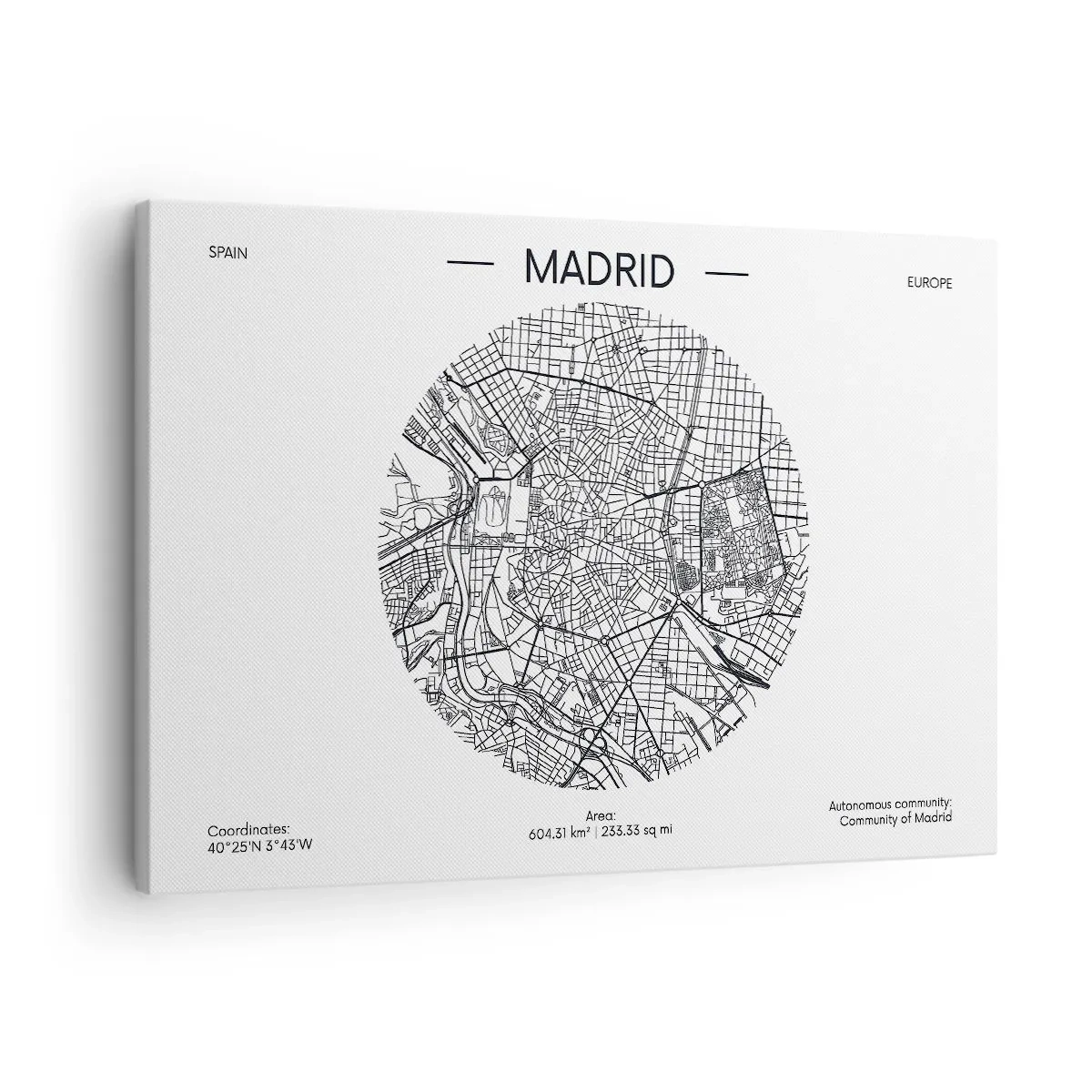 Obraz na płótnie - Mapa Madrytu w minimalistycznym, czarno-białym stylu - 70x50cm - Anatomia Madrytu - Nowoczesna dekoracja ścienna do salonu i sypialni ARTTOR