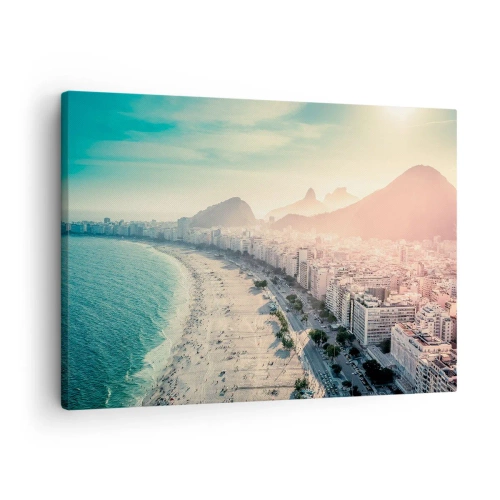 Obraz na płótnie - Panorama plaży Copacabana z górami w tle w Rio de Janeiro - 70x50cm - Wieczne wakacje w Rio - Nowoczesna dekoracja ścienna do salonu i sypialni ARTTOR