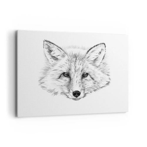 Obraz na płótnie - Czarno-biały rysunek głowy lisa na białym tle - 100x70cm - Czy te oczy mogą kłamać? - Nowoczesna dekoracja ścienna do salonu, kuchni i sypialni ARTTOR
