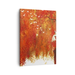 Obraz na płótnie - Jesienne liście w odcieniach pomarańczu i czerwieni z lecącymi białymi ptakami - 50x70cm - Poleci z nimi? - Nowoczesna dekoracja ścienna do salonu, kuchni i sypialni ARTTOR