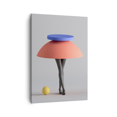 Obraz na płótnie - Surrealistyczna postać z geometrycznymi kształtami zamiast tułowia na szarym tle - 50x70cm - Kompozycja surrealistyczna - Nowoczesna dekoracja ścienna do salonu, kuchni i sypialni ARTTOR