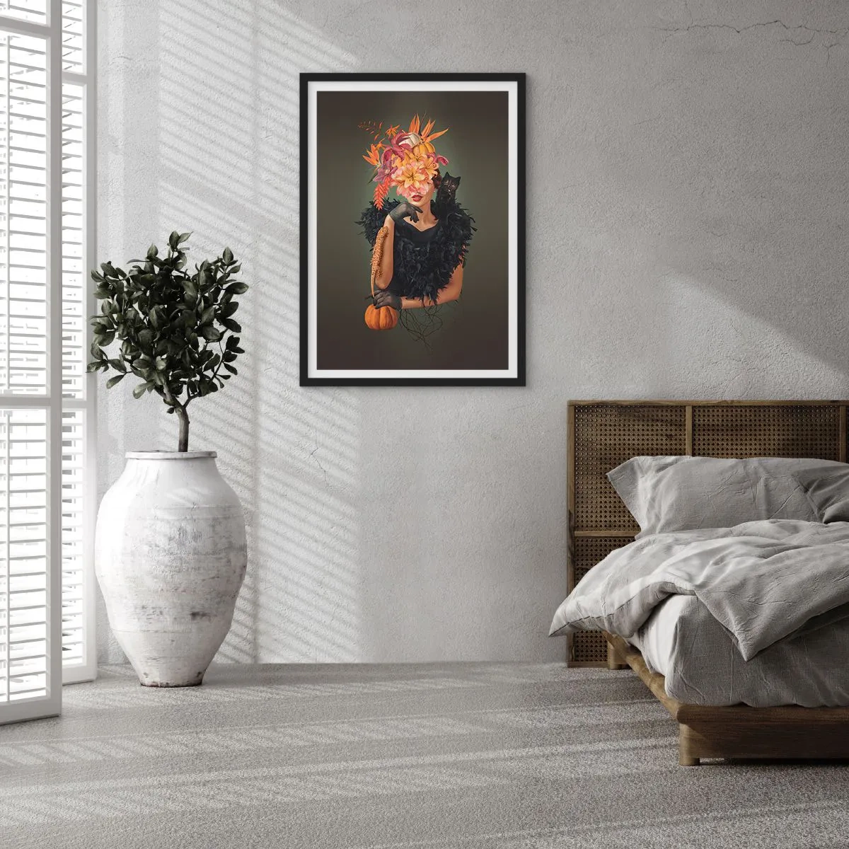 Plakat w czarnej ramie - Artystyczny portret kobiety z kwiatami, dynią i czarnym kotem - 50x70cm - Czar wiedźmy - Nowoczesna dekoracja ścienna do salonu i sypialni ARTTOR