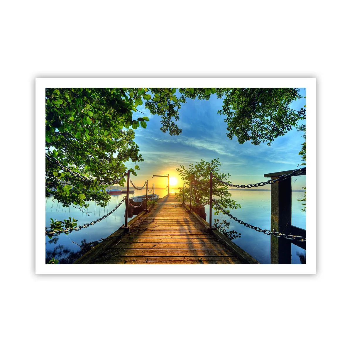 Plakat - Pomost nad jeziorem w promieniach zachodu słońca - 100x70cm - Zachód nad wodą - Nowoczesna dekoracja ścienna do salonu i sypialni ARTTOR