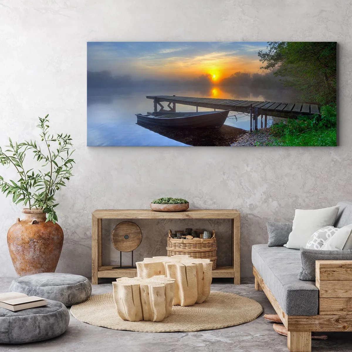Obraz na płótnie - Pomost nad jeziorem o wschodzie słońca z łodzią przy brzegu - 140x50cm - Jak zwyczajne zamienia się w magiczne - Nowoczesna dekoracja ścienna do salonu i sypialni ARTTOR