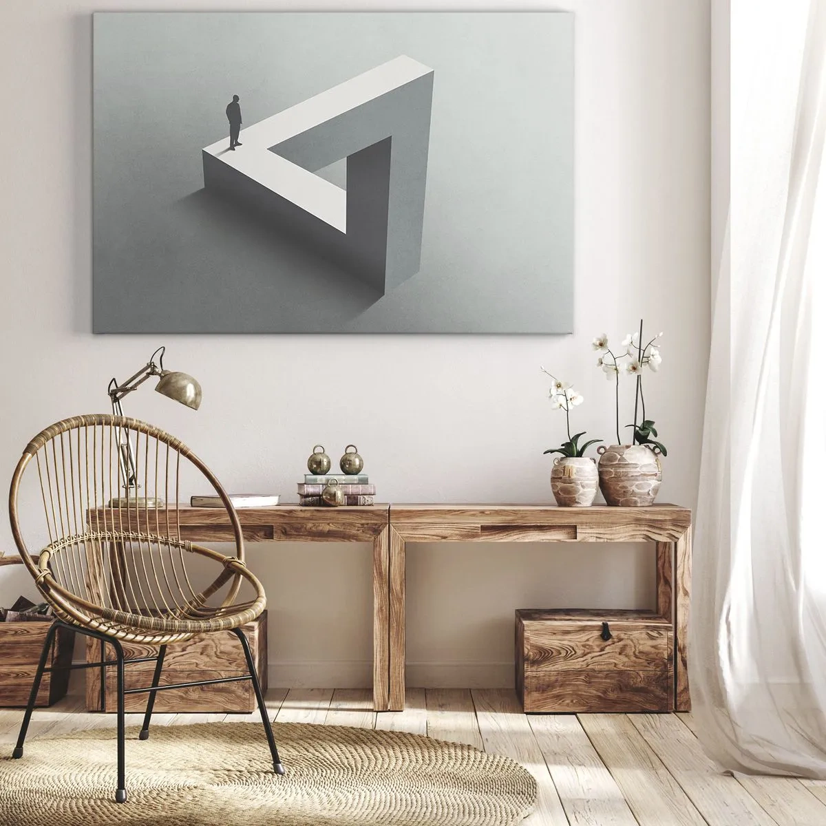 Obraz na płótnie - Postać stojąca na trójkącie Penrose’a w szarościach - 70x50cm - A jednak możliwe - Nowoczesna dekoracja ścienna do salonu i sypialni ARTTOR
