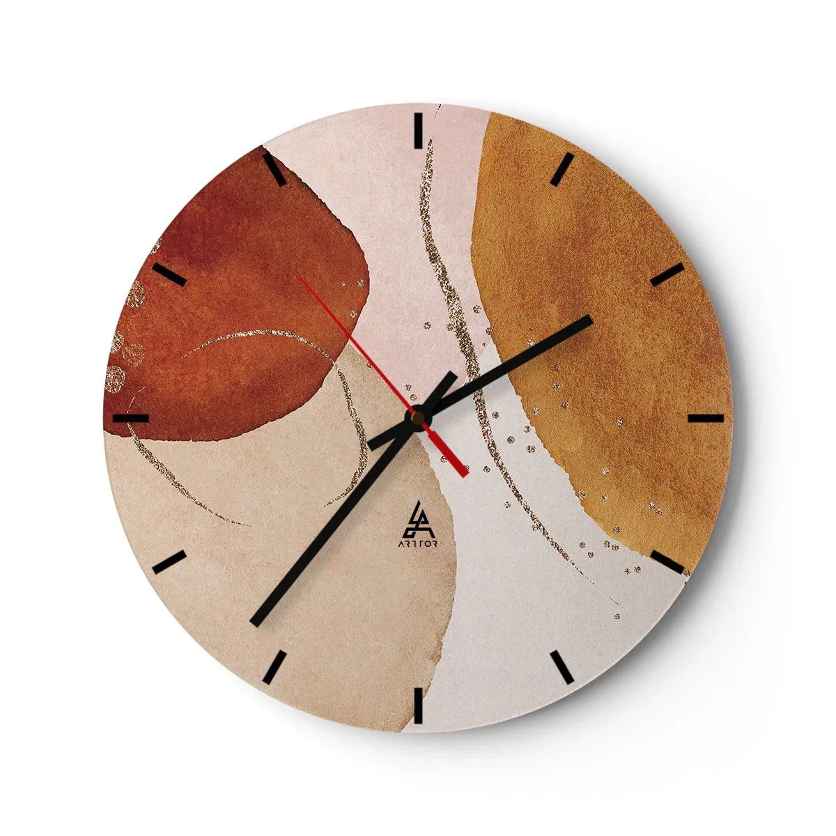 Zegar ścienny - Abstrakcyjna kompozycja z plamami w kolorach ziemi - 30x30cm - Krągłość i ruch - Nowoczesna dekoracja ścienna do salonu, kuchni i sypialni ARTTOR
