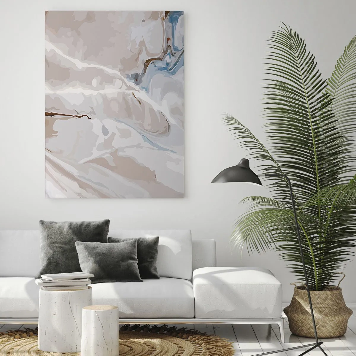 Obraz na szkle - Artystyczny wzór w neutralnych tonach z akcentami błękitu - 50x70cm - Błękitne meandry pod bielą - Nowoczesna dekoracja ścienna do salonu, kuchni i sypialni ARTTOR