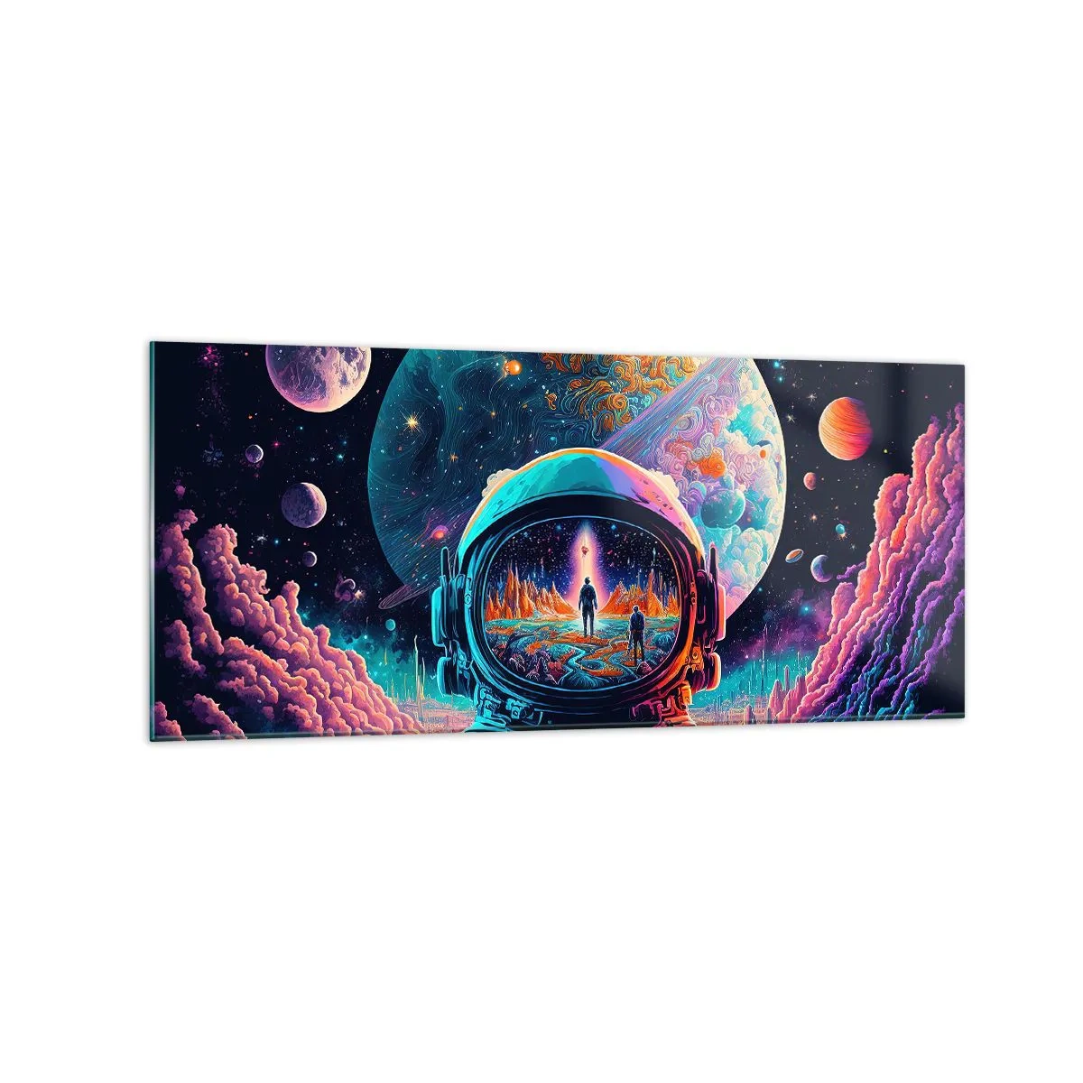 Obraz na szkle - Astronauta w kosmosie z kolorowym pejzażem planetarnym - 120x50cm - Filozofom się nie śniło - Nowoczesna dekoracja ścienna do salonu i sypialni ARTTOR