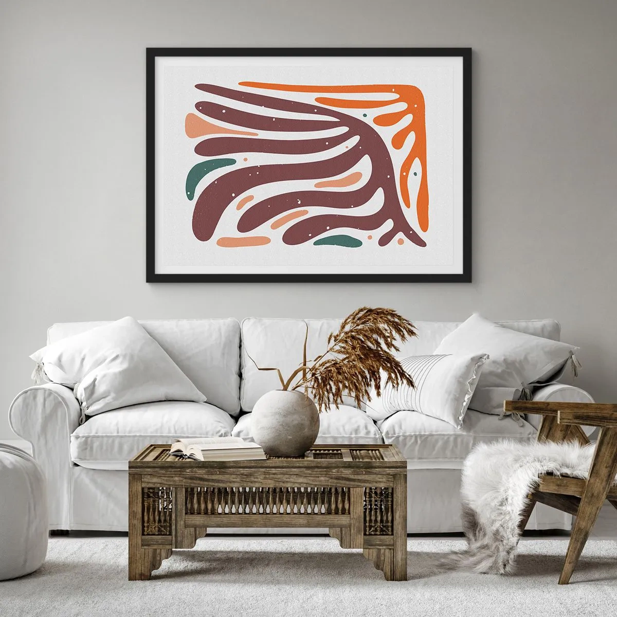 Plakat w czarnej ramie - Organiczny wzór z promienistymi liniami w ciepłych odcieniach - 70x50cm - Kompozycja organiczna promienista - Nowoczesna dekoracja ścienna do salonu i sypialni ARTTOR