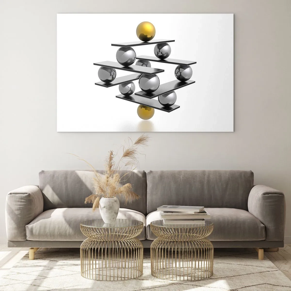 Obraz na szkle - Geometryczna kompozycja z kulami i platformami na białym tle - 100x70cm - Złoto-srebrna równowaga - Nowoczesna dekoracja ścienna do salonu, kuchni i sypialni ARTTOR