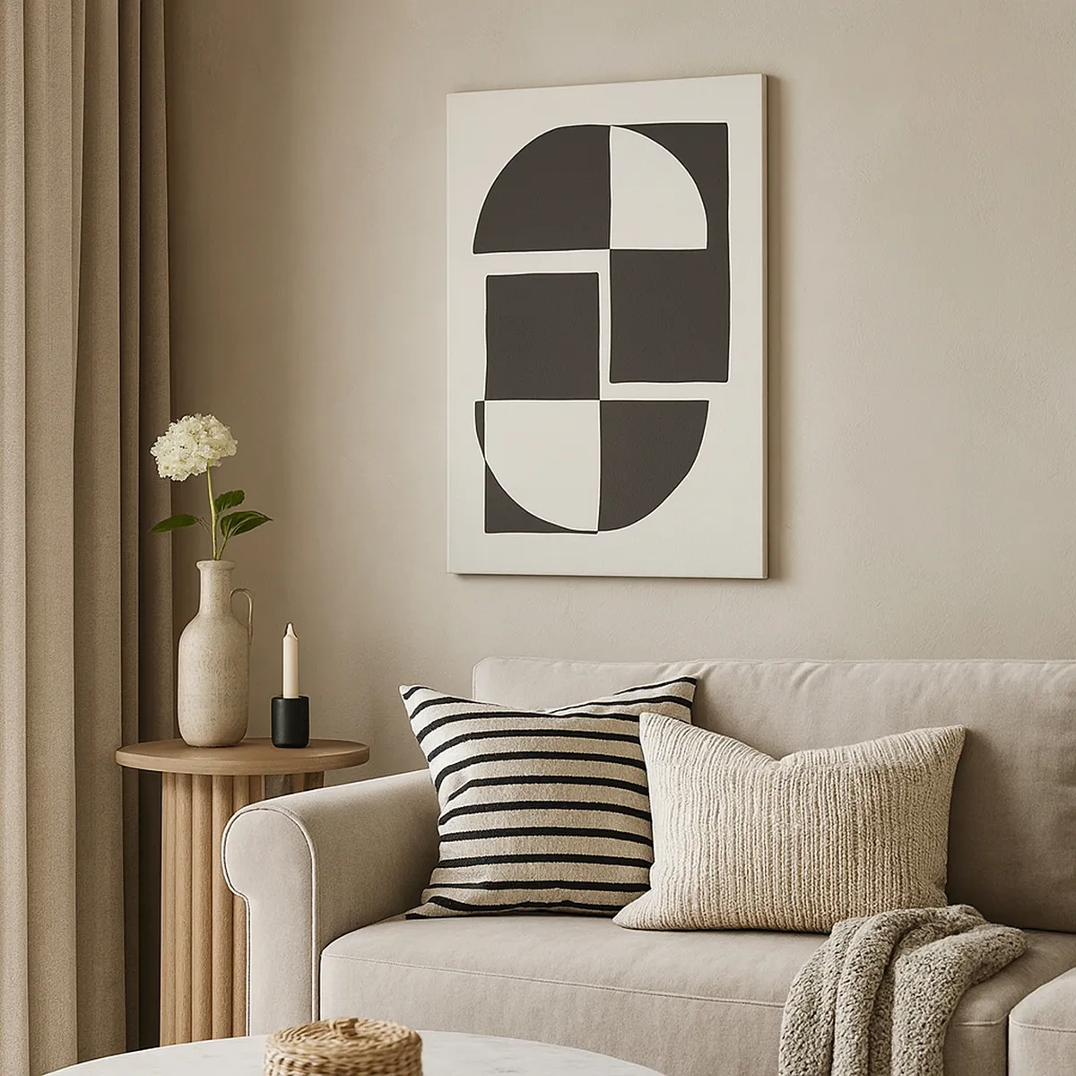 Obraz na płótnie - Abstrakcyjna kompozycja geometryczna w odcieniach czerni i bieli - 50x70cm - Antyteza – synteza - Nowoczesna dekoracja ścienna do salonu, kuchni i sypialni ARTTOR