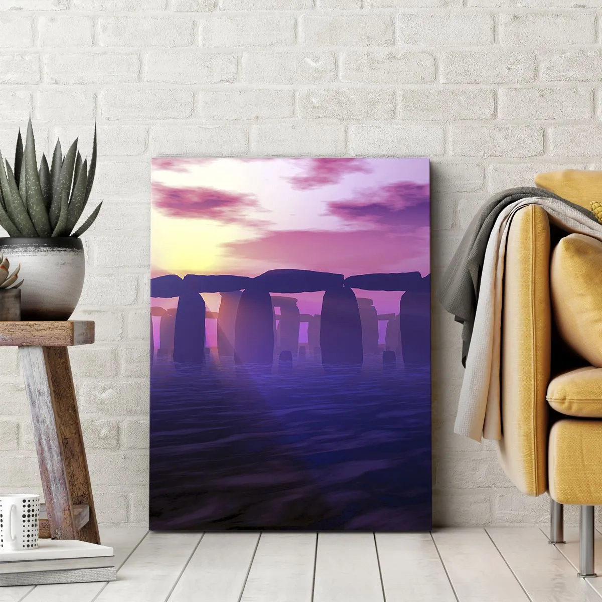 Obraz na płótnie - Kamienny krąg o zachodzie słońca z fioletowym niebem - 70x100cm - Tajemnica o świcie we mgle - Nowoczesna dekoracja ścienna do salonu i sypialni ARTTOR