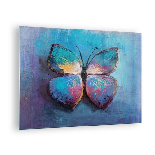 Obraz na szkle - Kolorowy motyl na tle abstrakcyjnych barw w odcieniach niebieskiego i fioletu - 70x50cm - W pełnej krasie - Nowoczesna dekoracja ścienna do salonu i sypialni ARTTOR