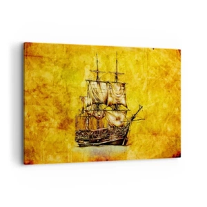 Obraz na płótnie - Stylizowany rysunek żaglowca na złotym tle o vintage charakterze - 120x80cm - Kierunek Tortuga! - Nowoczesna dekoracja ścienna do salonu, kuchni i sypialni ARTTOR