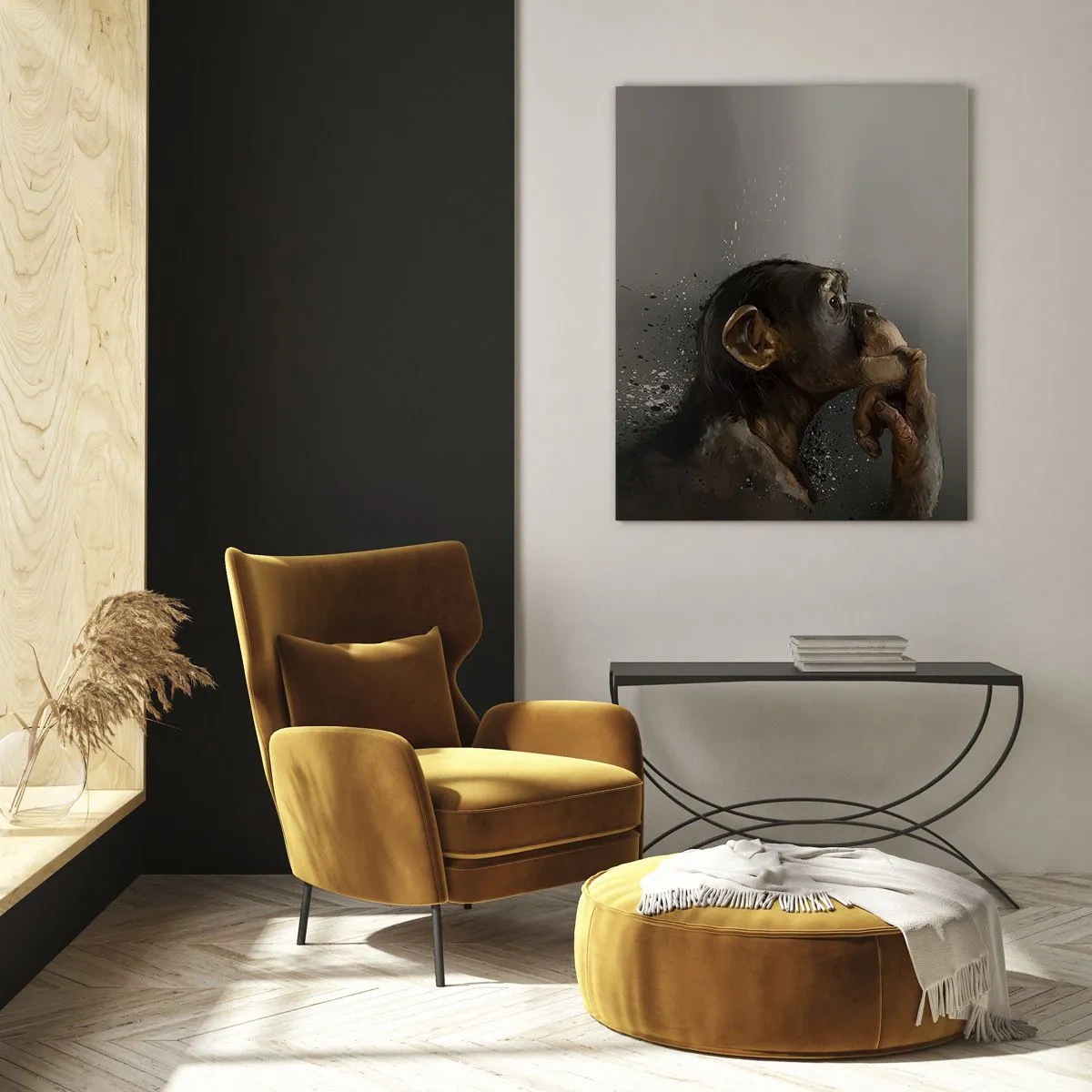 Obraz na szkle - Portret małpy w refleksyjnej pozie na szarym tle - 80x120cm - Z pewnością myśliciel - Nowoczesna dekoracja ścienna do salonu i sypialni ARTTOR