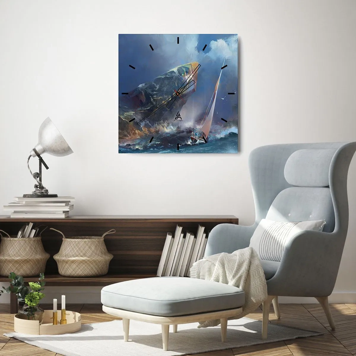 Zegar ścienny - Żaglówka w sztormie u stóp potężnej skały - 30x30cm - Kto ma odwagę, wygrywa - Nowoczesna dekoracja ścienna do salonu i sypialni ARTTOR