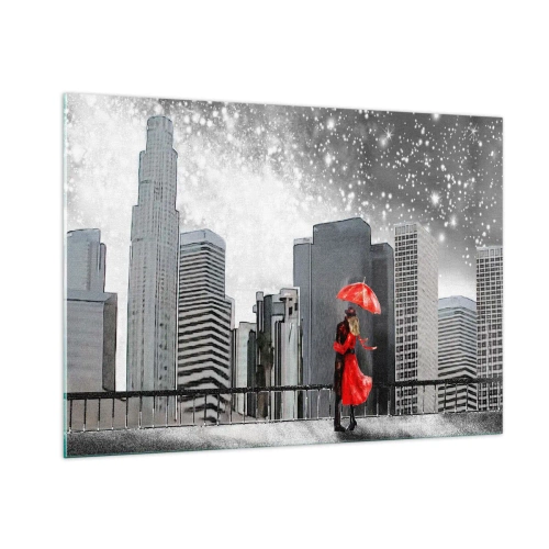 Obraz na szkle - Para z czerwonym parasolem stojąca na tle miejskiego krajobrazu nocą - 100x70cm - Człowiek nie kamień - Nowoczesna dekoracja ścienna do salonu, kuchni i sypialni ARTTOR