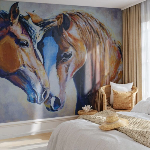 Fototapeta Premium Sand - Dwa konie w artystycznym malarskim ujęciu - 100x70cm - Czy to jest przyjaźń? czy to jest kochanie? - Nowoczesna dekoracja ścienna do salonu, kuchni i sypialni ARTTOR