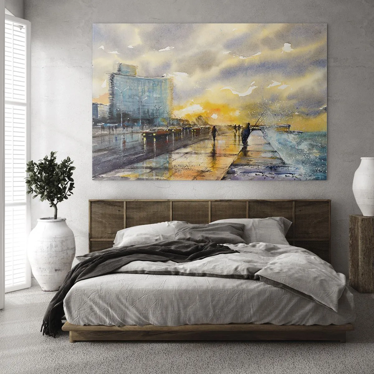 Obraz na szkle - Miasto nadmorskie w akwareli z zachodem słońca - 70x50cm - Życie na brzegu - Nowoczesna dekoracja ścienna do salonu i sypialni ARTTOR